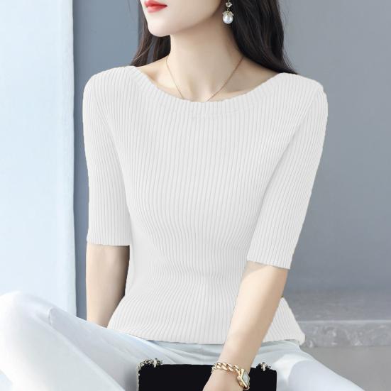 Женские топы Slim Fit, однотонные, ребристые, с круглым вырезом и коротким рукавом, эластичные, с короткими рукавами, топы для повседневной носки