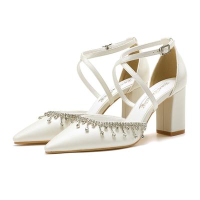 Женские белые туфли-лодочки на высоком каблуке, с острым носком, на толстом каблуке, с перекрестными ремешками и шнуровкой, свадебные туфли с ажурным дизайном, большого размера