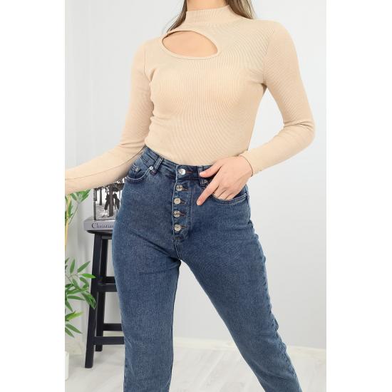 Прозрачные блузки Женская трикотажная блузка в рубчик с вырезами и детальной отделкой