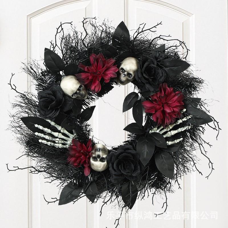 Halloween Wreath Decorative Hanging Ring With Dried Branches Artificial Roses Door Wall Party Decoration