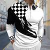 Polo Shirts Men Long Sleeve Black and White Chessboard Print New Men's Polo Shirt Long Sleeve Zipper T-shirt Top