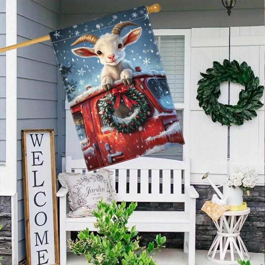 Christmas Goat on Red Truck with Wreath Double-Sided Polyester Garden Flag Outdoor Lawn Decoration, No Electricity Needed - 1PC