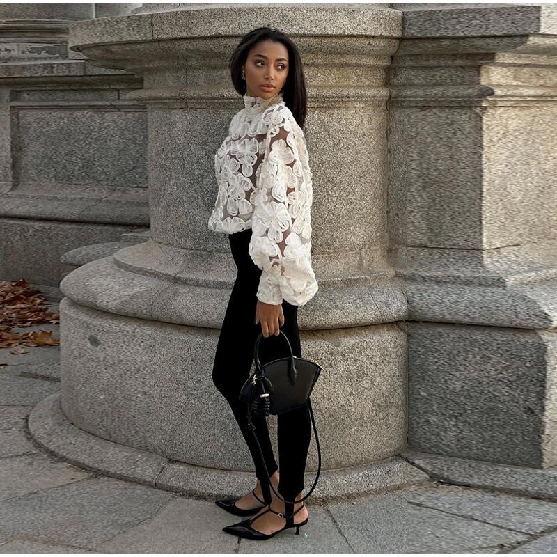 High Neck Stereo Flower Shirt Lace Hollow Out Top Perspective Organza Long Sleeved Trendy French Blouse Smock Women