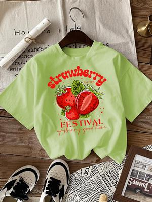 Клубничный фестиваль Ягодное веселье Принт Женские футболки Хип-хоп Летняя футболка Повседневная Одежда оверсайз На все случаи жизни Хлопковый топ