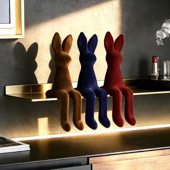 Sitting Bunny Statue Flocking Rabbit Figurine Easter Bunny Ornaments for Living Room Cabinet Home Tabletop Decor