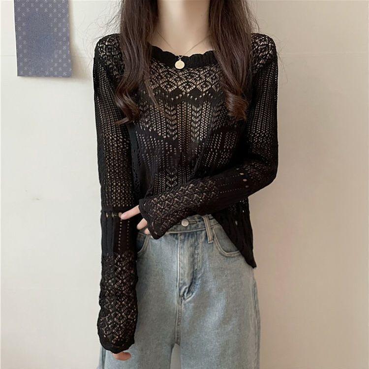 Spring Hollow Sunscreen Knitted Long-sleeved T-shirt Women's Loose Short Versatile Top Solid Color Thin Blouse