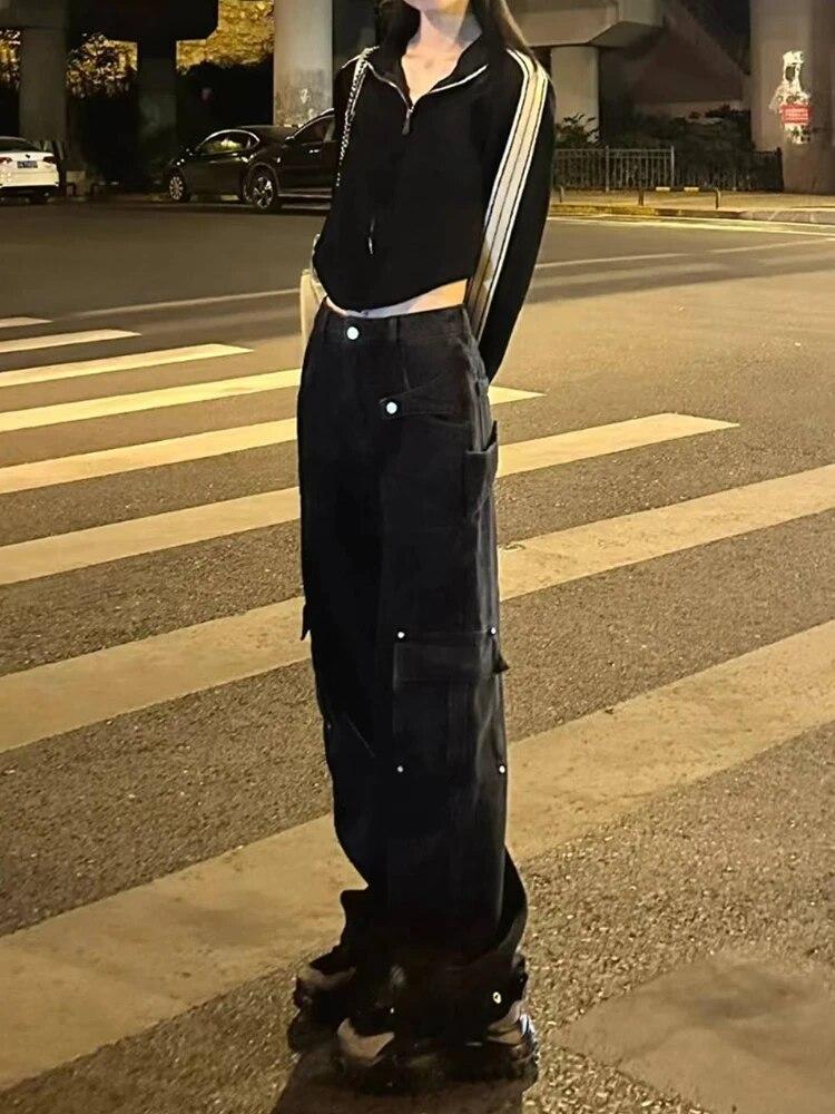 Американские винтажные уличные джинсы с несколькими карманами Женская мода с высокой талией Прямые свободные брюки-карго Женские Y2k Корейские повседневные широкие брюки