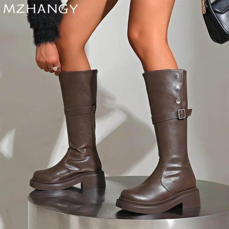 Женские высокие сапоги на платформе, кожаные туфли на каблуках, зимняя мода, высокие сапоги до колена, женские зимние сапоги 2024 года, элегантные женские ботинки Chelsea Botas