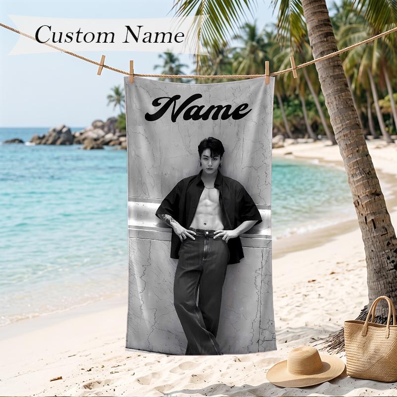 Jung Kook Custom Name Printed Beach Towel Personalized Soft Towel For Swimming Beach Travel
