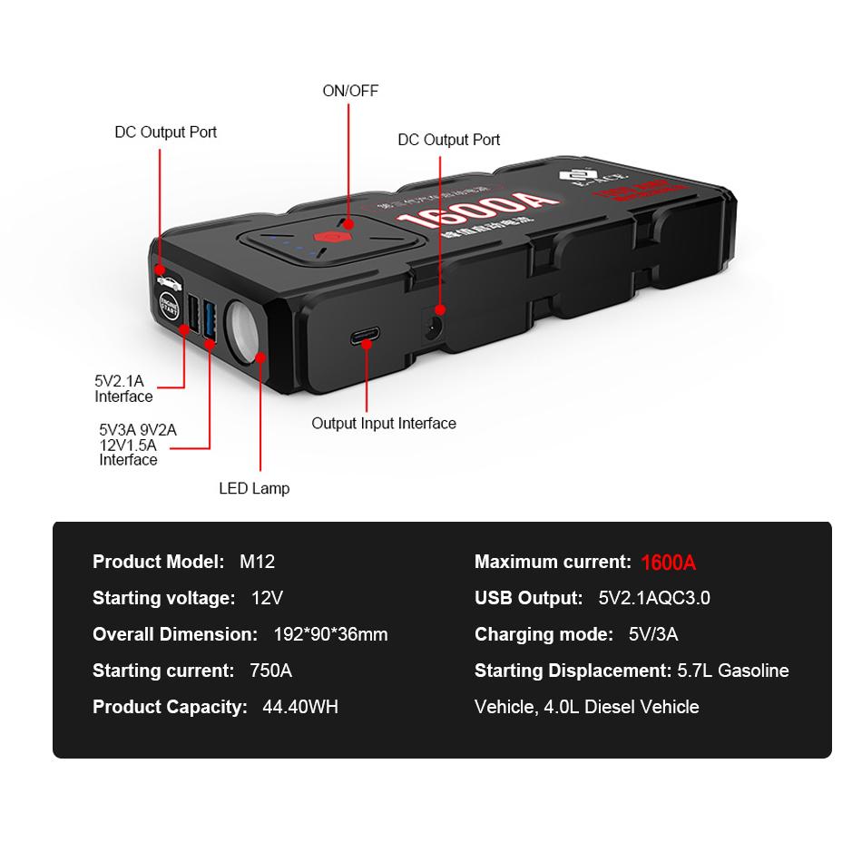 E-ACE Автомобильный стартерный аккумулятор Power Bank 1600A 12 В аварийный портативный усилитель пускового устройства с USB