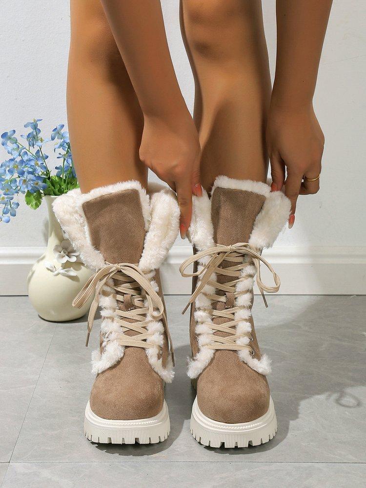 Women's Chunky Heel Platform Snow Boots Winter Warm Faux Fur Lined Slip On Mid-Calf Boots for Women Fleece Lined Faux Suede Lace-Up Round Toe Booties
