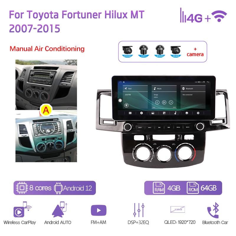 12.3" For Toyota Fortuner Hilux MT 2007-2015 Car Multimedia Player GPS Navigation Android12 8+128G 8Core CarPlay 4G 360Camera