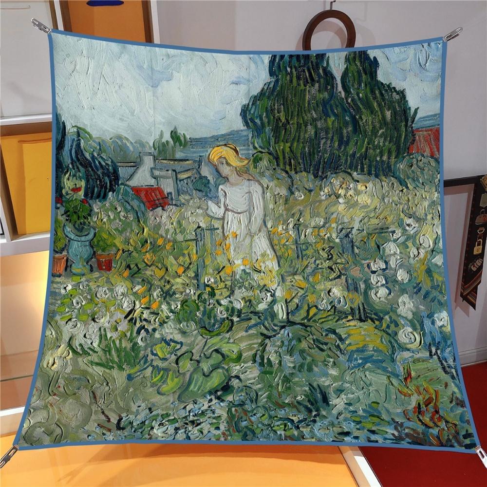 Silk Scarf Women Oil Painting Square Scarves Head Echarpes Silk Foulards Femme Wraps Beach Shawls Bandana Lady Hijabs 90CM