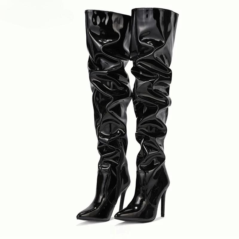 Fashion Fashion Pointed Toe Over The Knee Boots Women High Heels Patent Leather Solid Stiletto Side Zipper Sapatos Femininos
