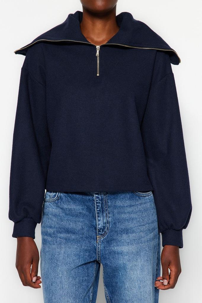 Women's Fashionable Stylish Sweatshirt Emerald Green Thessaloniki Knitwear Look Polo Neck Zippered Regular Knitted Sweatshirt