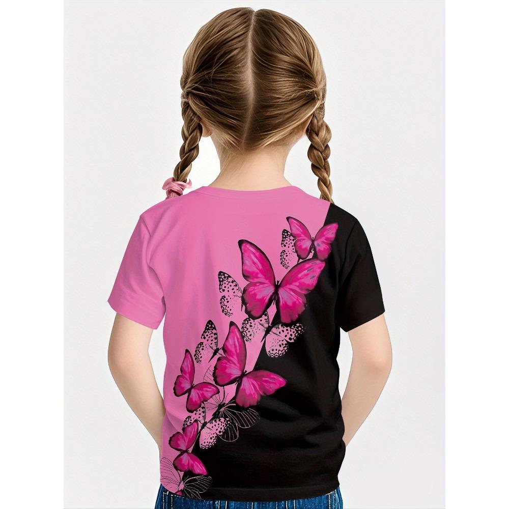 3D printed butterfly pattern girls' short-sleeved T-shirt, casual round neck, loose fit