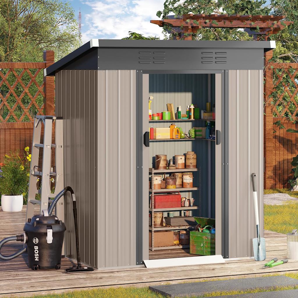 YODOLLA Metal Garden Shed 1.44 M², Outdoor Garden Shed with 2 Sliding Doors, Storage Tools 164 X 96 X 180 Cm