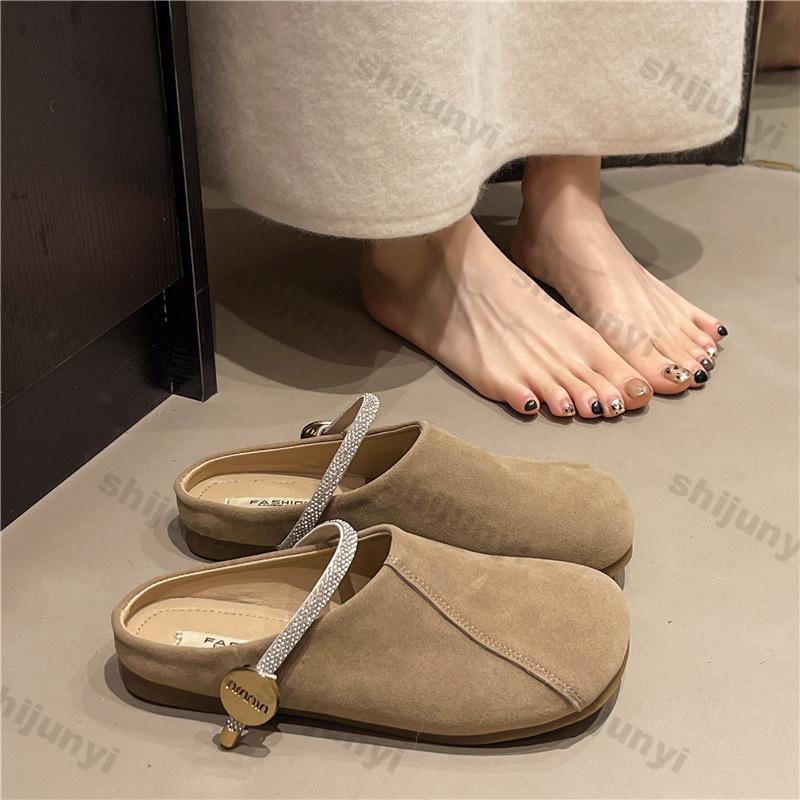 Женская обувь 2025 Лето Новые Винтажные Туфли-полушлепки со стразами Уличные Удобные Мягкая подошва Металлическая отделка Женские сандалии