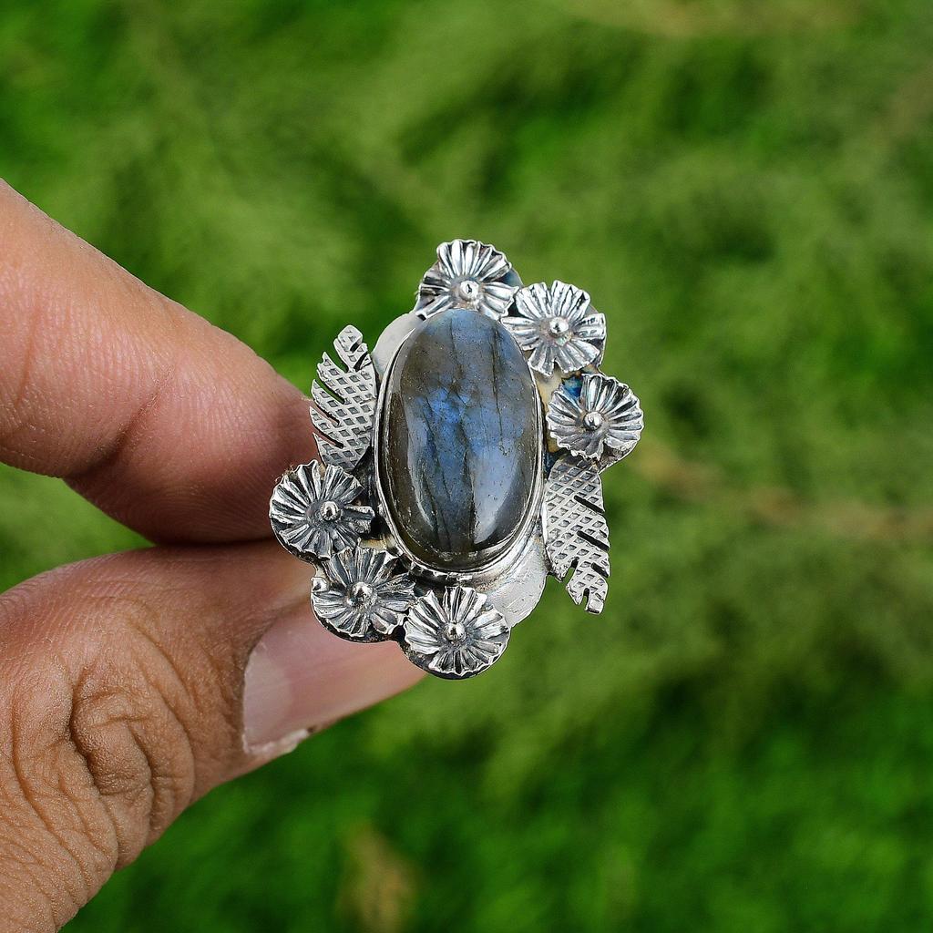 Natural Labradorite 925 Silver Solitaire Flower Adjustable Ring For Women