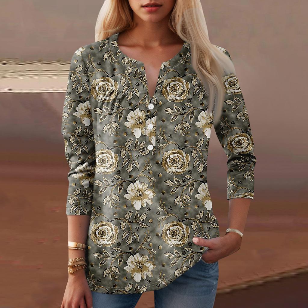 Женская мода повседневный топ с длинным рукавом и круглым вырезом с цветочным принтом