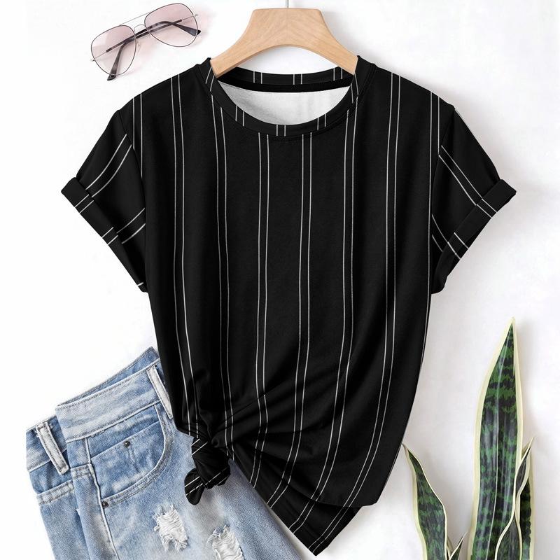 Striped Casual Sports Women's T-shirt Summer Round Neck Short Sleeved Element Pattern Checkered Loose Fit T-shirts
