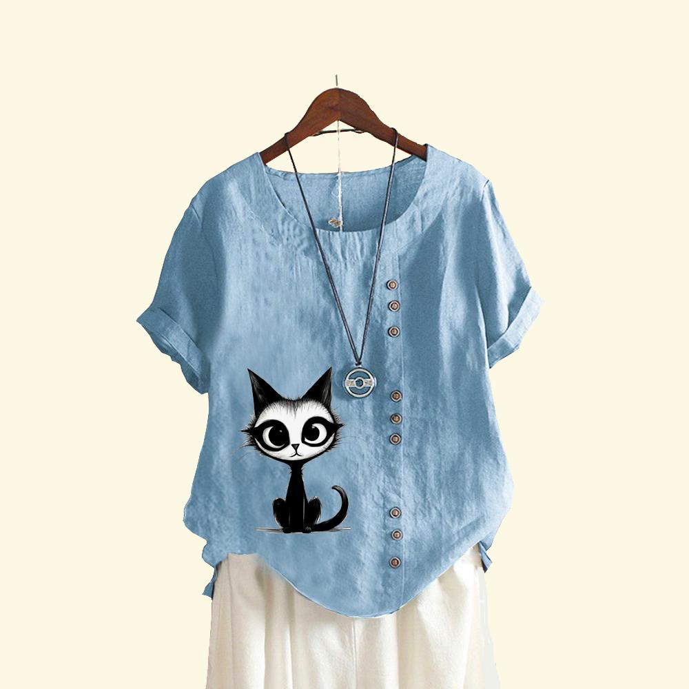 Женская свободная льняная блузка-пуловер, женская повседневная футболка с круглым вырезом и принтом кота, летняя модная футболка с коротким рукавом