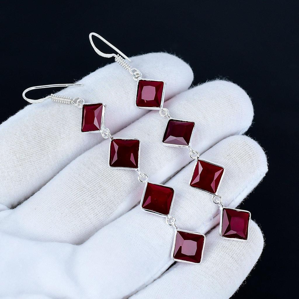 Red Ruby Gemstone Earrings, 925 Sterling Silver Earrings, Handmade Silver Earrings For Gift, Red Ruby Dangle Earrings Christmas Gift