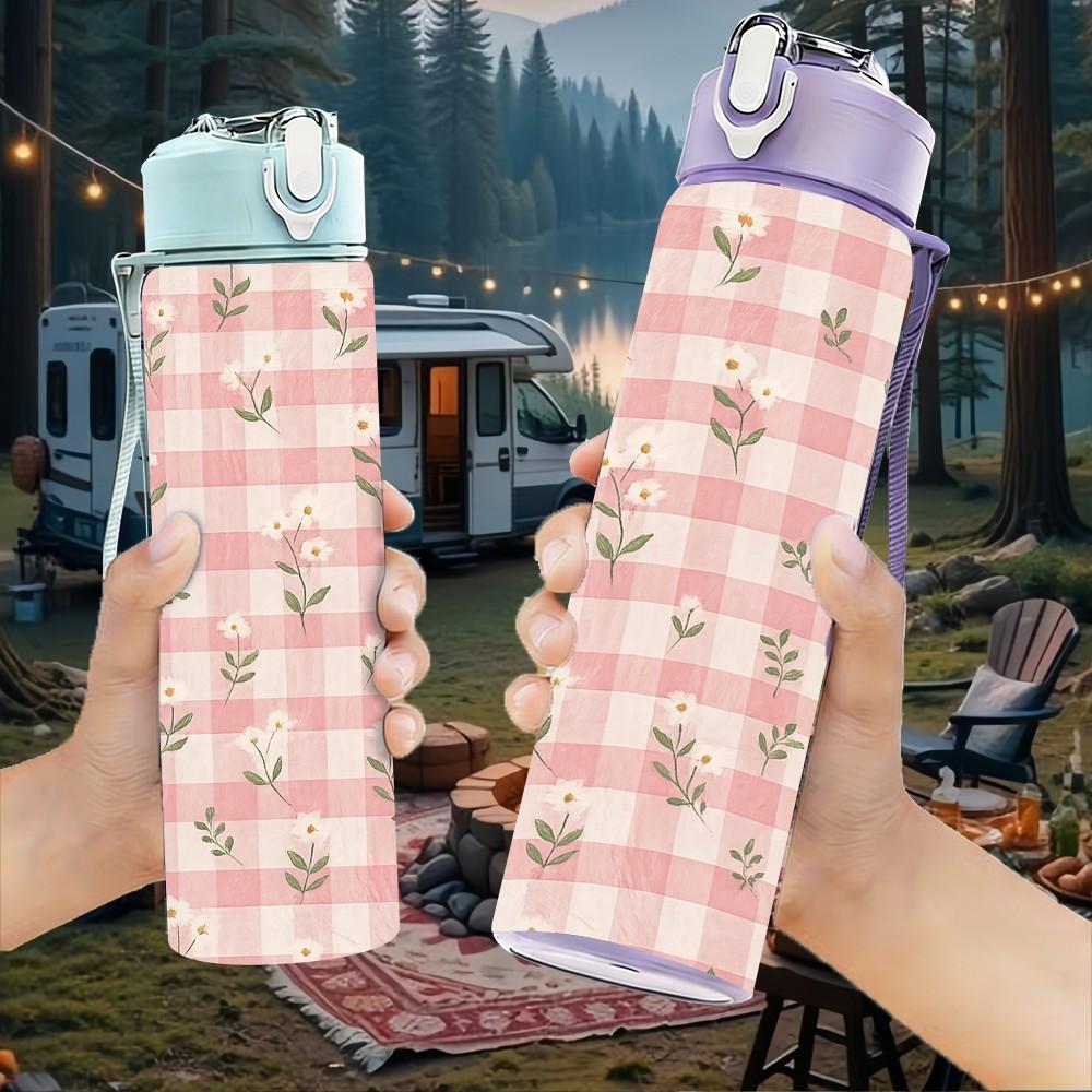 1PC Pink Gingham Plaid Texture Print 750ml Color Plastic Sports Water Bottle Leakproof Flip Straw Lid Suitable for Sports Office Home Use