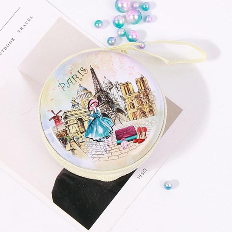 1Pc Creative Round Tinplate Coin Wallet Cartoon Storage Box Small Headphone Cable Mini Zipper Bag