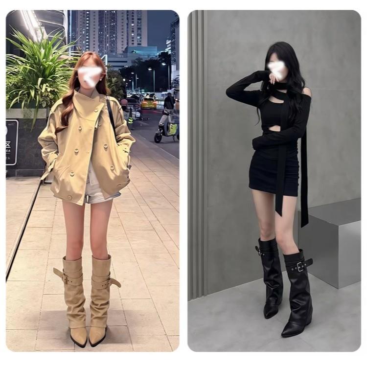 Belt buckle boots women's autumn new black thick heel high heel round head showing legs straight trousers boots stacking boots
