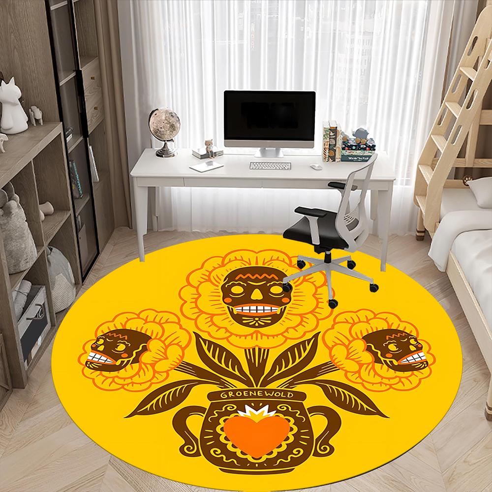 1pc Floral Skulls Office Round Area Rug,  Mat Suitable For Office, Under Office Chairs Bedroom Living Room Home Decor, Room Deco