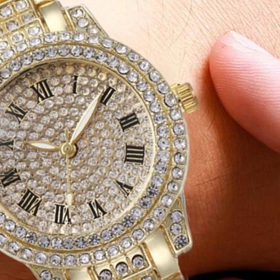 2Pcs/Set Women Quart Watch Shiny Rhinestones Circular Dial High Precision Movement Wristwatch with Bracelet
