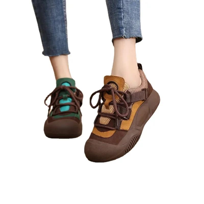 Женские туфли на осень, новые, ретро, универсальные спортивные туфли, модная толстая подошва, круглый носок, из мягкой кожи, повседневные туфли