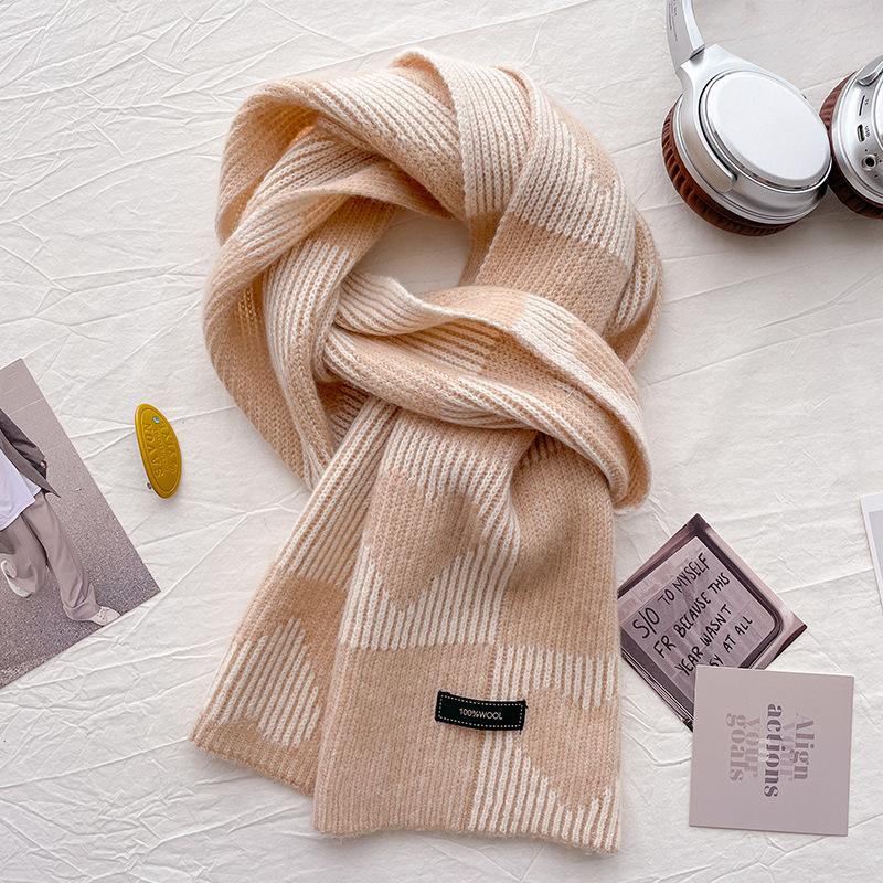 Pure Wool Small Scarf Women's Winter Thickened Love Knitted Plaid Warm Girl Style Scarf Birthday Gift