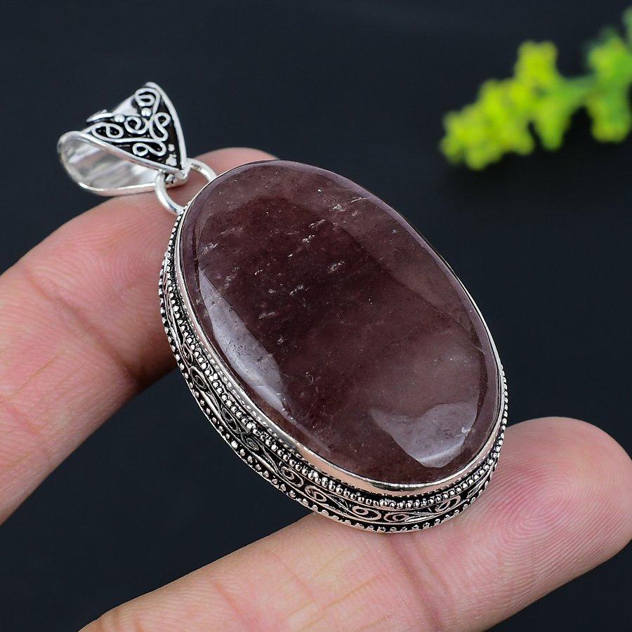 Strawberry Quartz Gemstone Handmade 925 Sterling Silver Pendant 2.36" r8u69