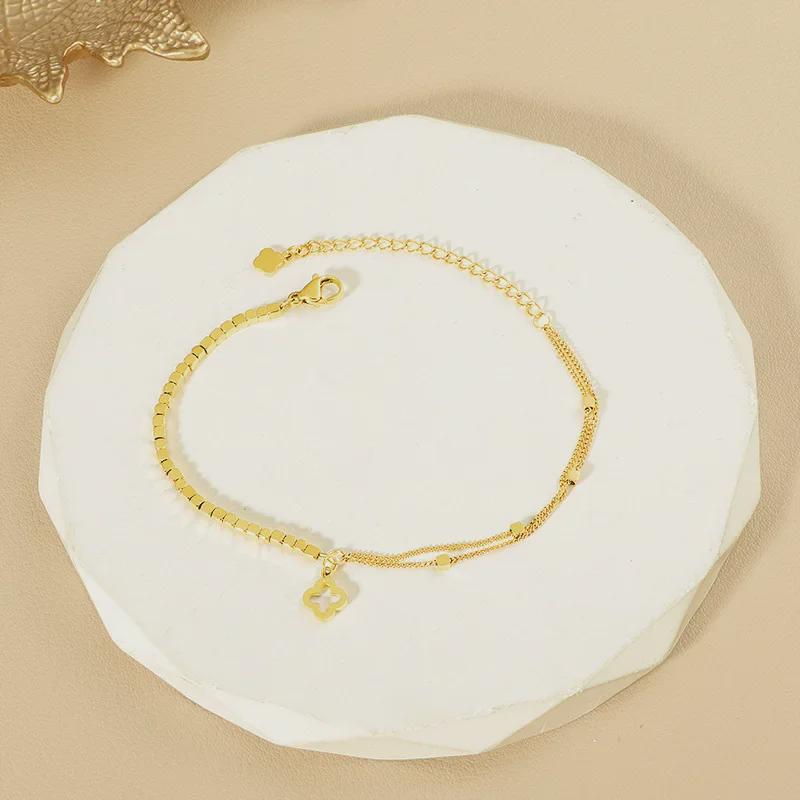 Стильный серебряный браслет с четырехлистным клевером: Легкая роскошь, нержавеющая сталь, не выцветает, универсальный дизайн