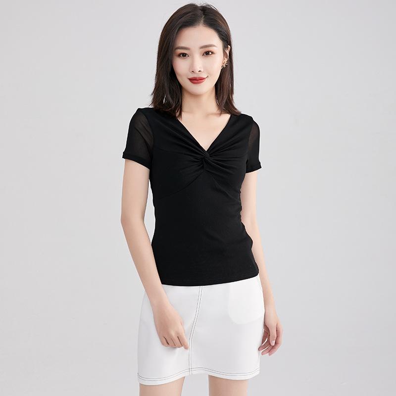 Spring Korean Style Women's Fashion V-neck Mesh Short-sleeved T-shirt Women's Ins Trendy Shirt