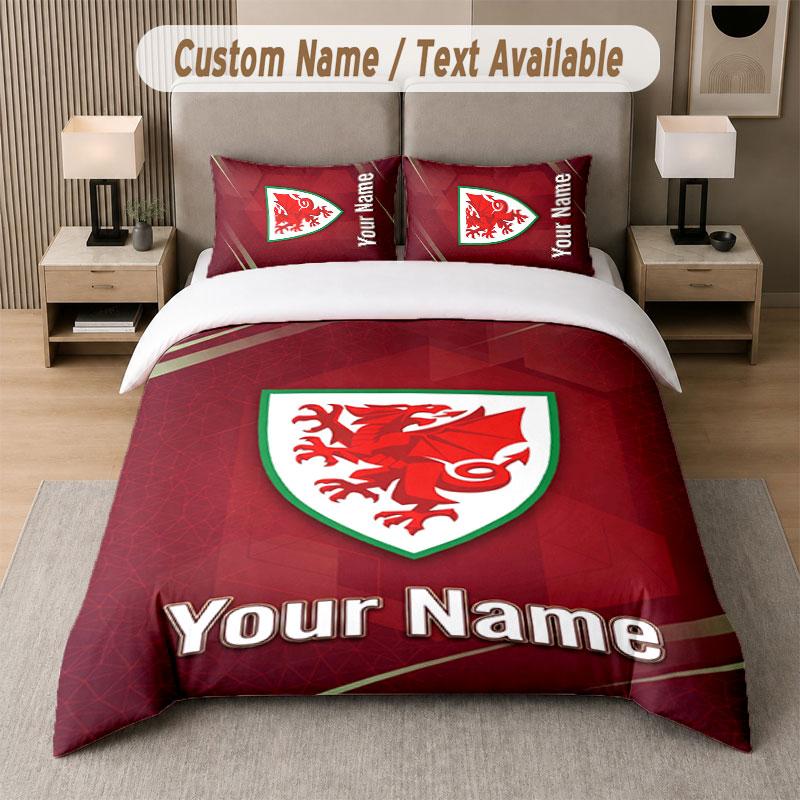 Custom Bedding Set Wales Rugby Pattern, Print Name Text 1 Duvet Cover plus 2 Pillowcases Home Textile