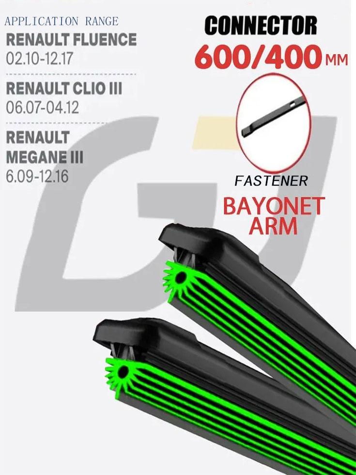 24"+16" Bayonet Arm Frameless Wipers, Quiet 11-Layer Rubber Blades for Renault Fluence Clio III Megane III Scenic III