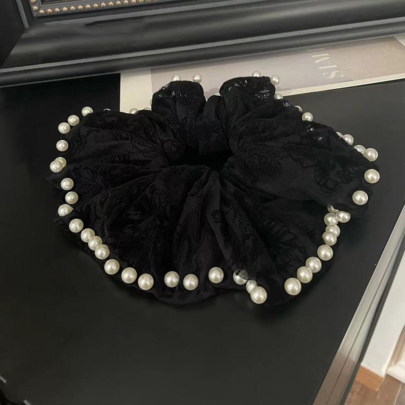 Korean Version Imitation Pearl Mesh Large Size Hair Loop French Style Large Intestine Hair Loop Headrope Women's High-end Lace Headflower