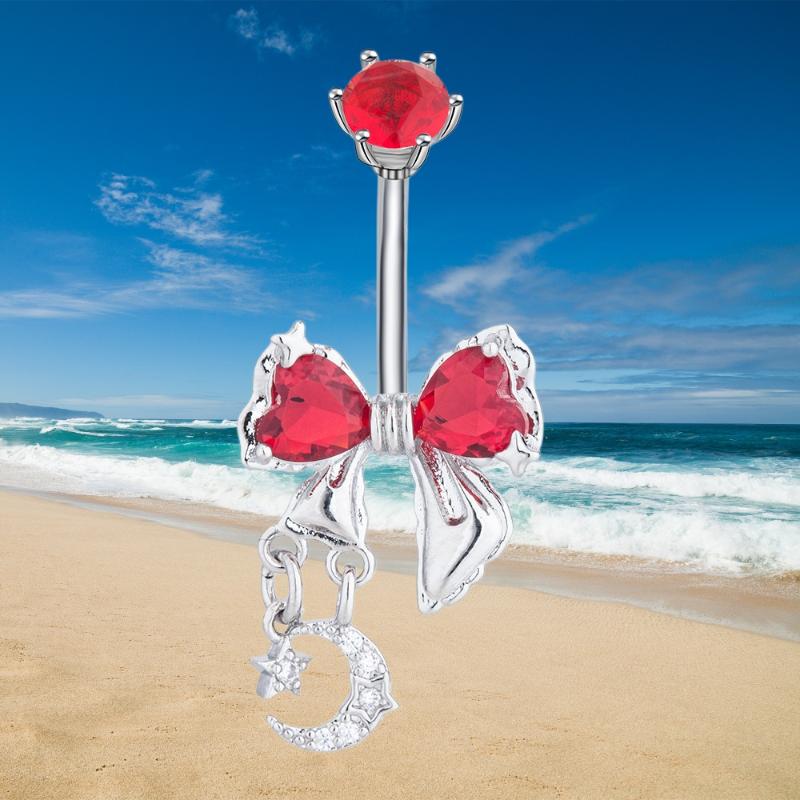 Shiny Crystal Bow Stars Moon Belly Button Rings Dangle Stainless Steel Navel Piercing Jewelry for Women Birthday Gift