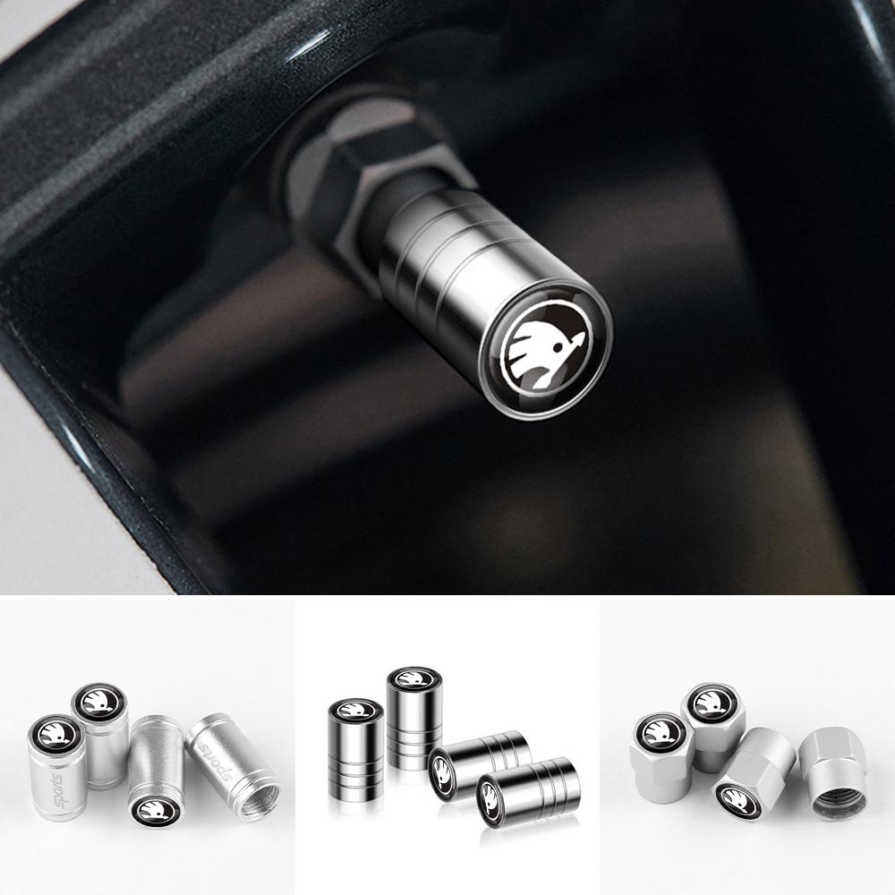 AAAJC1 4Pcs Car Metal Wheel Tire Valve Stem Cap For Skoda Kodiaq Octavia Enyaq Kamiq Scala Rapid Superb Karoq Vision RS Yeti A7 VRS MK2
