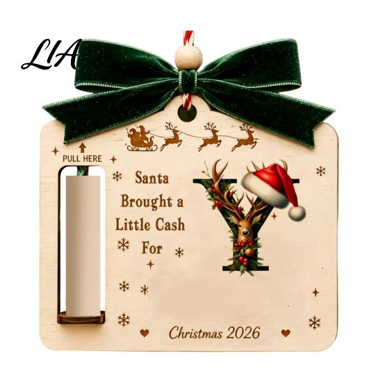 Handmade Cash Gift Card Holder Personalized Letter Christmas Money for Cash, Wooden Alphabet Hanging Gifts Ornament with Velvet Bow Holiday
