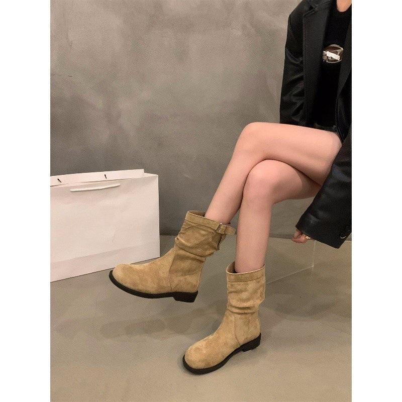Ретро полусапожки на толстом каблуке, рыцарские сапоги, женская обувь 2024, новые осенне-зимние присборенные короткие сапоги, ботинки Мартин