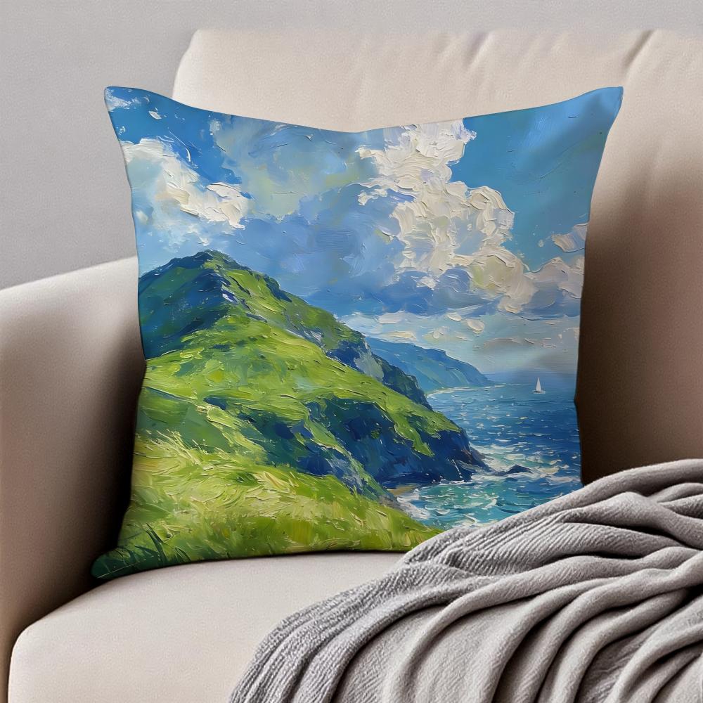 MMountain Landscape Pillow Art Decor Cushion Cushion Cover Pillowcase Antidustmite Invisible Zipper Short Plush Sofa Cushion