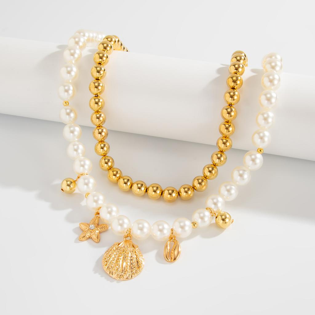Imitation Pearls CCB Beaded Chokers Necklace Women Summer Beach Boho Starfish Conch Pendant Jewelry Accessories
