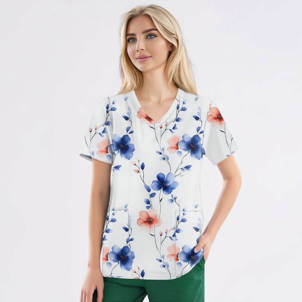 Рабочая форма больших размеров с принтом, топы для женщин, забавные футболки с v-образным вырезом и короткими рукавами, рабочая одежда, футболка с карманами