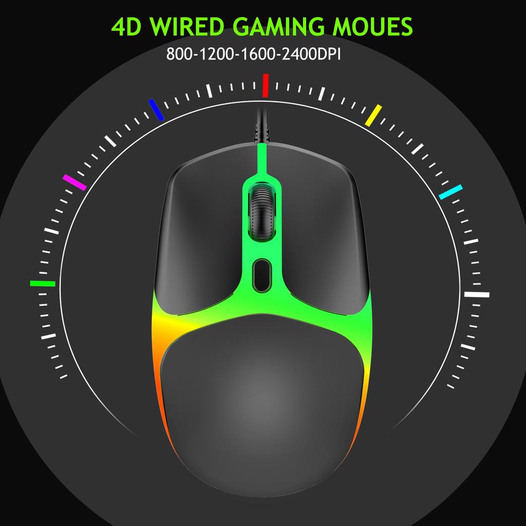 61-клавишный RGB проводной игровой комплект клавиатура и мышь, немеханическая мембранная, черно-белый, с семицветной мини-подсветкой