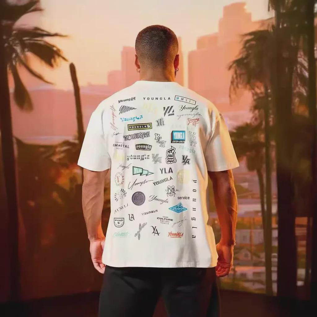Мужская футболка свободного кроя YOUNG LA из хлопка — летний принт на всю спину, короткие рукава, круглый вырез, повседневный спортивный топ для фитнеса