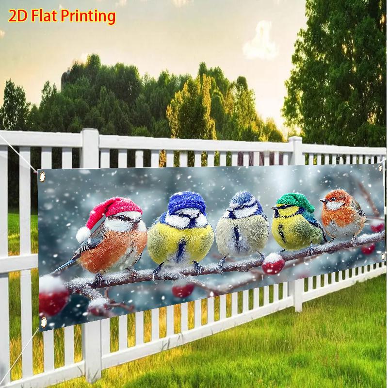 Xmas Party Banner, Row of Birds Wearing Hats and Holly, lawn wall outdoor winter decor